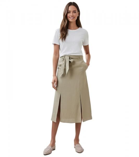 romantischer Damen Sommer-Rock mit Bindeg&uuml;rtel aus reinem Leinen Midi-Rock 927542 Khaki
