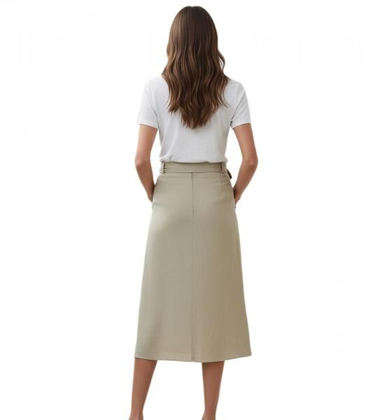 romantischer Damen Sommer-Rock mit Bindeg&uuml;rtel aus reinem Leinen Midi-Rock 927542 Khaki