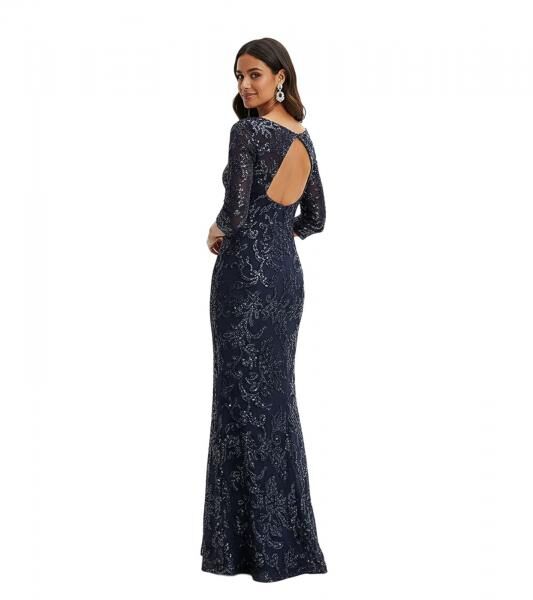 romantisches Damen Abend-Kleid Pailletten-Kleid mit Ornamenten 939101 Dunkelblau
