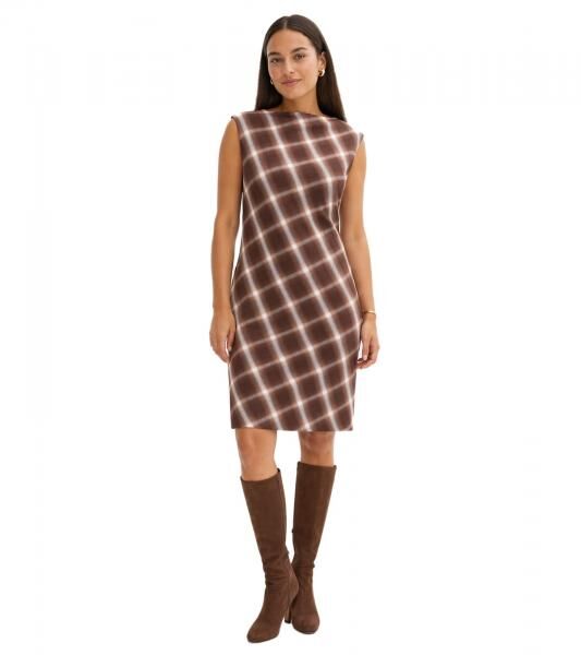schickes Damen Kleid im Karo-Muster Abend-Kleid Mini-Kleid &auml;rmellos 938009 Braun/Wei&szlig;