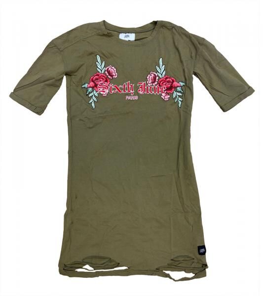 Sixth June Damen Sweat-Kleid Destroyed Baumwoll-Kleid mit Rosen-Print Sommer-Kleid W3177VDR Khaki