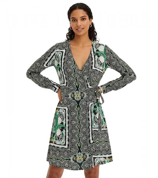 sommerliches Damen Mini-Kleid Wickel-Kleid mit Paisley-Muster 942167 Schwarz/Gr&uuml;n/Wei&szlig;