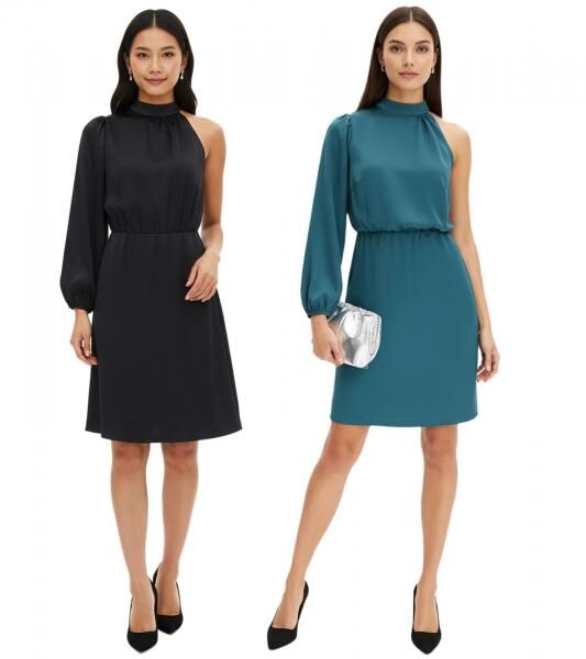 Stilvolles Damen One-Shoulder-Kleid aus gl&auml;nzendem Satin Ausgeh-Kleid 925469 in Gr&uuml;n oder 919324 in Schwarz