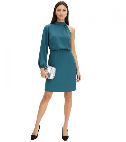 Stilvolles Damen One-Shoulder-Kleid aus gl&auml;nzendem Satin Midi-Kleid 925469 Gr&uuml;n