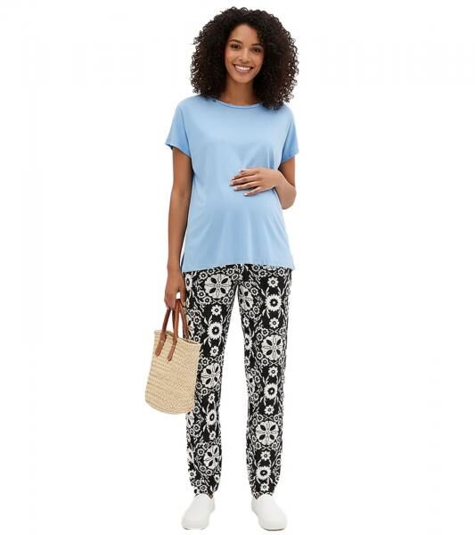 stylische Damen Schwangerschafts-Hose Umstandshose mit Blumen-Muster Umstandsmode 938357 Schwarz/Wei&szlig;