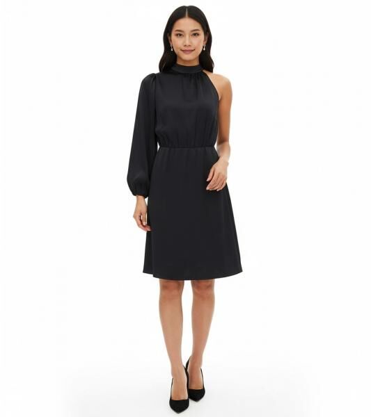 Stylisches Damen One-Shoulder-Kleid aus gl&auml;nzendem Satin Mini-Kleid Satin-Kleid 919324 Schwarz