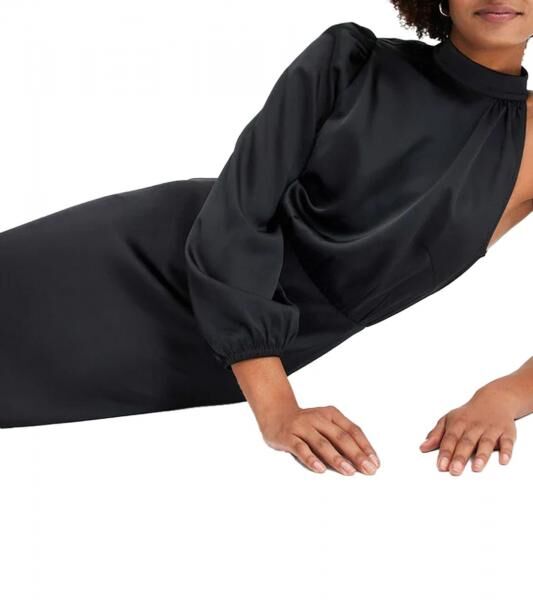 Stylisches Damen One-Shoulder-Kleid aus gl&auml;nzendem Satin Mini-Kleid Satin-Kleid 919324 Schwarz