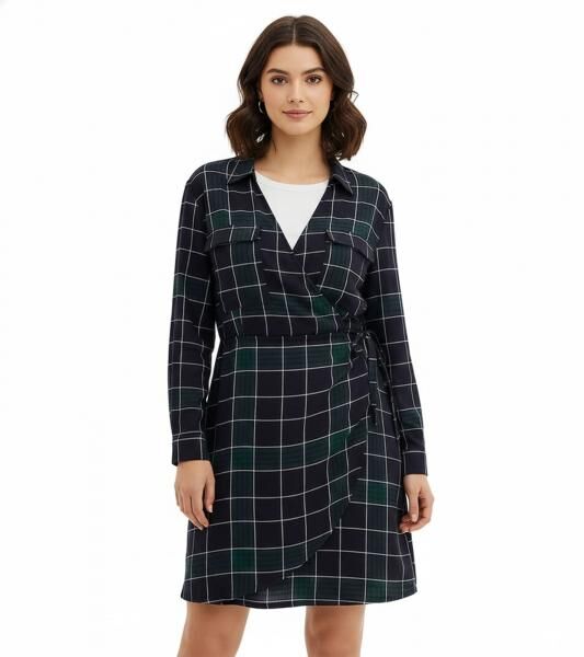 weich flie&szlig;endes Damen Mini-Kleid kariertes Wickel-Kleid mit Hemdkragen 914043 Blau