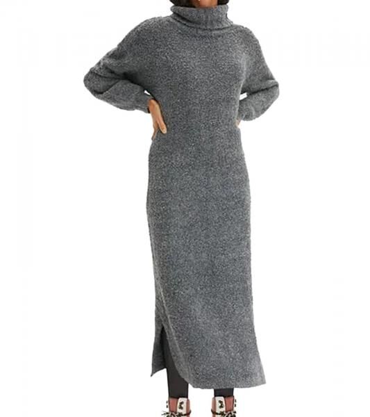 weiches Damen Midi-Kleid Basic-Kleid aus Boucle-Garn Langarm-Kleid 935820 Gr&ouml;&szlig;e Gr&ouml;&szlig;en Grau