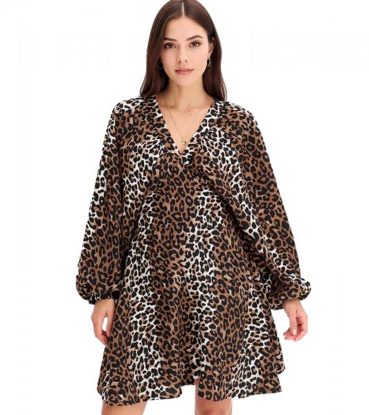 wildes Damen Sommer-Kleid Animalprint-Kleid mit Ballon&auml;rmeln kurzes Mini-Kleid 973887 Braun