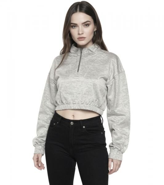 ZEGY Damen Crop-Pullover Half Zip Langarm-Shirt Baumwoll-Pulli Cropped 1073 Grau