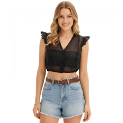 kurzärmlige Damen Bluse transparent mit Ballon-Saum und Rüschen-Ärmeln Sommer-Shirt 933930 Schwarz