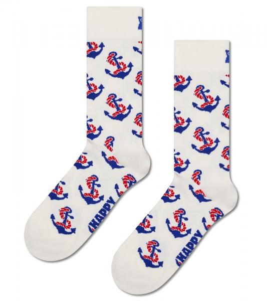 1 Paar Happy Socks Happy Anchor Damen Socken mit Allover Anker-Print Baumwoll-Socken Alltags-Str&uuml;mpfe P002598 Wei&szlig;/Blau
