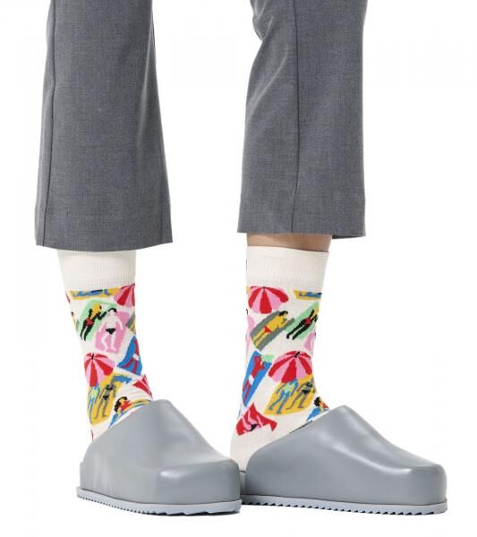 1 Paar Happy Socks Happy Lazy Day Damen Socken mit Allover Strand-Print Baumwoll-Socken Alltags-Str&uuml;mpfe P002600 Wei&szlig;/Bunt