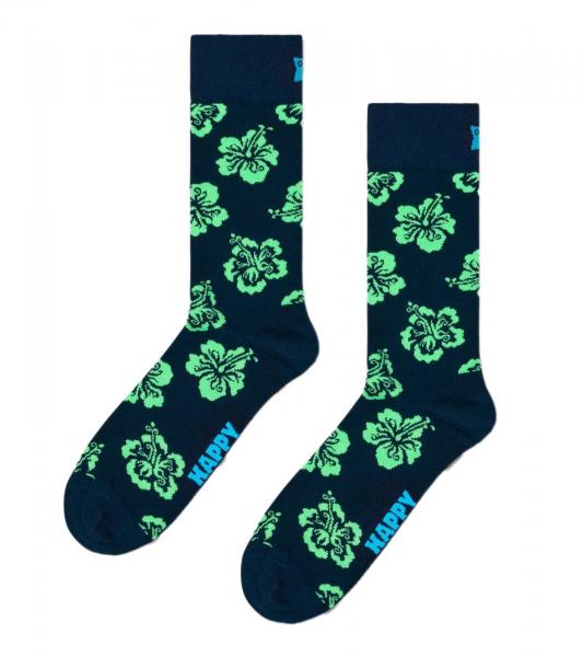 1 Paar Happy Socks Hibiscus Sock Herren Socken mit Hibiskus-Print Baumwoll-Socken Alltags-Str&uuml;mpfe P002610 Marineblau/Gr&uuml;n