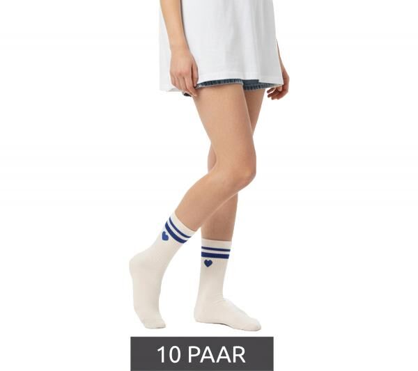 10 Paar bequeme ZWILLINGSHERZ Damen Socken Tennis-Socken mit Herz-Stickerei Alltags-Str&uuml;mpfe Baumwoll-Socken 4603S K248141 Wei&szlig;/Blau