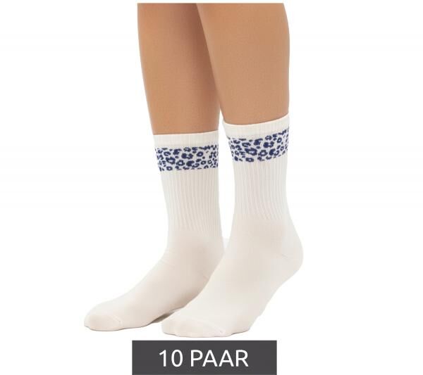 10 Paar bequeme ZWILLINGSHERZ Damen Socken Tennis-Socken mit Leoparden-Muster Alltags-Str&uuml;mpfe Baumwoll-Socken 4603S K248144 Wei&szlig;/Blau