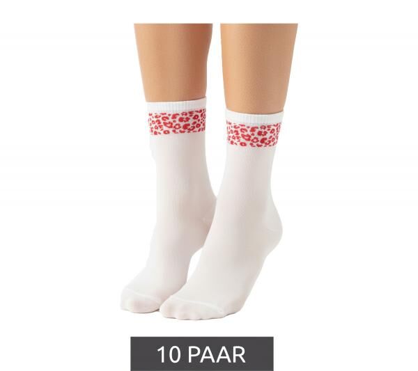 10 Paar bequeme ZWILLINGSHERZ Damen Socken Tennis-Socken mit Leoparden-Muster Alltags-Str&uuml;mpfe Baumwoll-Socken 4603S K248144 Wei&szlig;/Rot