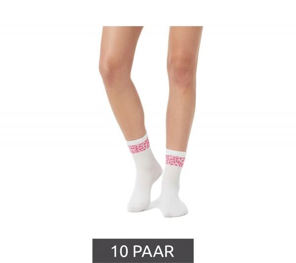 10 Paar bequeme ZWILLINGSHERZ Damen Socken Tennis-Socken mit Leoparden-Muster Alltags-Str&uuml;mpfe Baumwoll-Socken 4603S K248144 Wei&szlig;/Pink