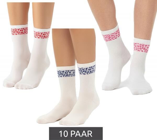 10 Paar bequeme ZWILLINGSHERZ Damen Socken Tennis-Socken mit Leoparden-Muster Alltags-Strümpfe Baumwoll-Socken 4603S K248144 Weiß/Pink, W