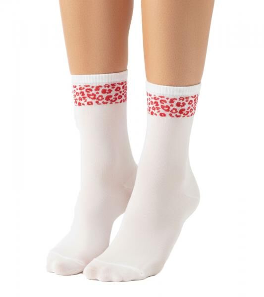 10 Paar bequeme ZWILLINGSHERZ Damen Socken Tennis-Socken mit Leoparden-Muster Alltags-Str&uuml;mpfe Baumwoll-Socken 4603S K248144 Wei&szlig;/Rot
