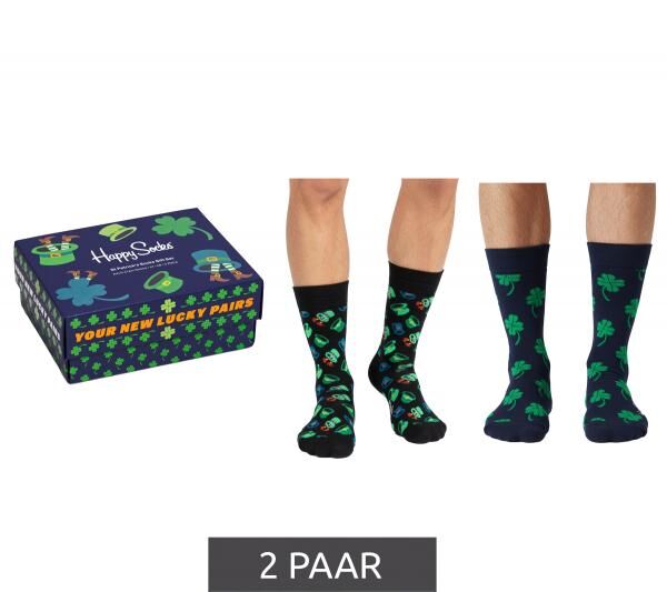 2 Paar Happy Socks St Patricks Herren Baumwoll-Sockenmit Glückssymbolen im St. Patrick’s Day Stil Alltags-Strümpfe in Geschenk-Box XSPD