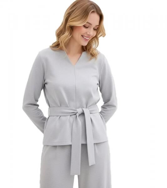 Women's Long-Sleeve Shirt with Wide Tie Strap, Viscose-Blend Casual Sweater 929960 Gray