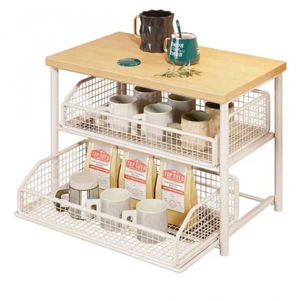 ShelfGlide 2-stöckiger Korb-Organizer in Weiß | Unterbau aus Stahl und Holz für Küchengeräte mit ausziehbaren Schubladen