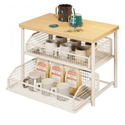 ShelfGlide 2-stöckiger Korb-Organizer in Weiß | Unterbau aus Stahl und Holz für Küchengeräte mit ausziehbaren Schubladen