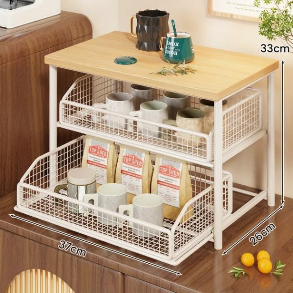ShelfGlide 2-stöckiger Korb-Organizer in Weiß | Unterbau aus Stahl und Holz für Küchengeräte mit ausziehbaren Schubladen