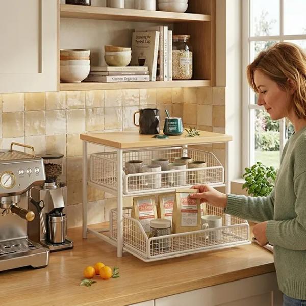 ShelfGlide 2-stöckiger Korb-Organizer in Weiß | Unterbau aus Stahl und Holz für Küchengeräte mit ausziehbaren Schubladen