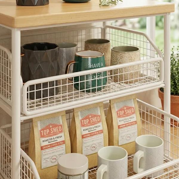 ShelfGlide 2-stöckiger Korb-Organizer in Weiß | Unterbau aus Stahl und Holz für Küchengeräte mit ausziehbaren Schubladen