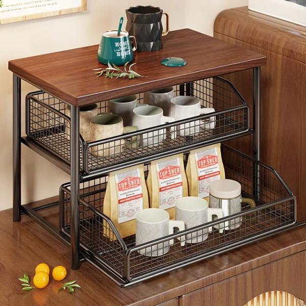 ShelfGlide 2-stöckiger schwarzer Korb-Organizer DARK | Geräteunterschrank aus Stahl und Holz mit ausziehbaren Schubladen