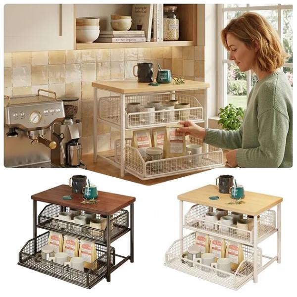 ShelfGlide 2-stöckiger schwarzer Korb-Organizer DARK | Geräteunterschrank aus Stahl und Holz mit ausziehbaren Schubladen