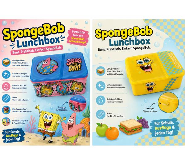 SpongeBob Schwammkopf Brotdose Brot-Aufbewahrungsbox ca. 1,4 Liter Lunchbox mit Patrick Star-Motiv in Rosa/Blau oder mit SpongeBob-Motiv Ge