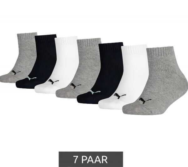 7 Paar PUMA Kids Quarter Baumwoll-Socken M&auml;dchen und Jungen Baumwoll-Str&uuml;mpfe mit flacher Naht 701222092 002 Schwarz/Wei&szlig;/Grau