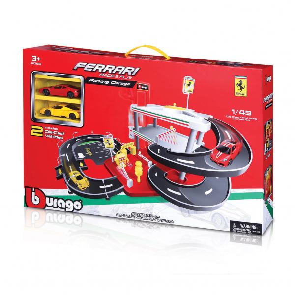 Bburago 18-31204 - Ferrari Race & Play: Park Garage inkl. 2 Fahrzeugen und Tragebox, 1:43 - Modellauto