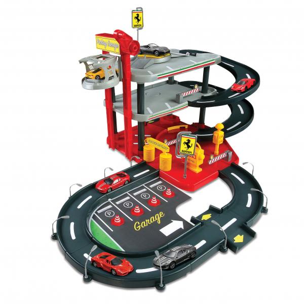 Bburago 18-31204 - Ferrari Race & Play: Park Garage inkl. 2 Fahrzeugen und Tragebox, 1:43 - Modellauto