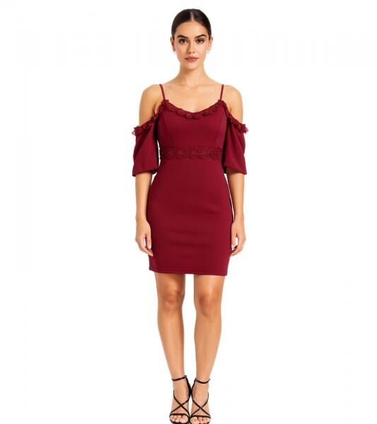 Damen Spitzen-Kleid schulterfreies Mini-Kleid mit d&uuml;nnen, verstellbaren Tr&auml;gern 951142 Burgunder-Rot