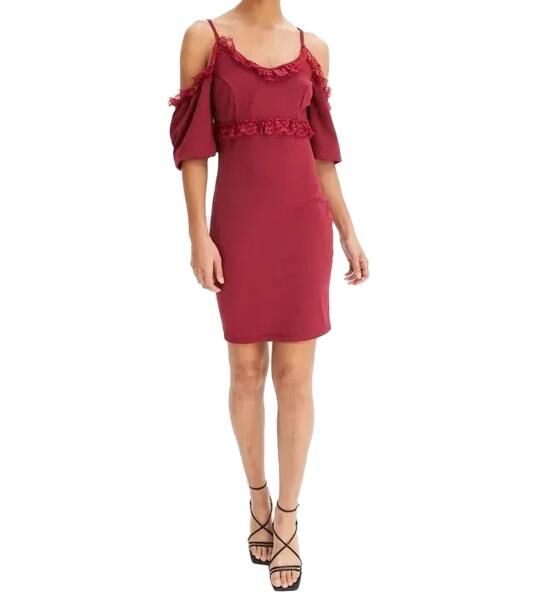 Damen Spitzen-Kleid schulterfreies Mini-Kleid mit d&uuml;nnen, verstellbaren Tr&auml;gern 951142 Burgunder-Rot