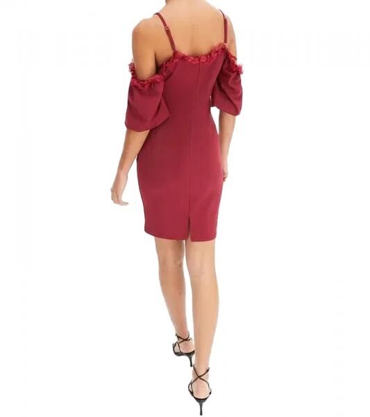 Damen Spitzen-Kleid schulterfreies Mini-Kleid mit d&uuml;nnen, verstellbaren Tr&auml;gern 951142 Burgunder-Rot