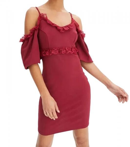 Damen Spitzen-Kleid schulterfreies Mini-Kleid mit d&uuml;nnen, verstellbaren Tr&auml;gern 951142 Burgunder-Rot