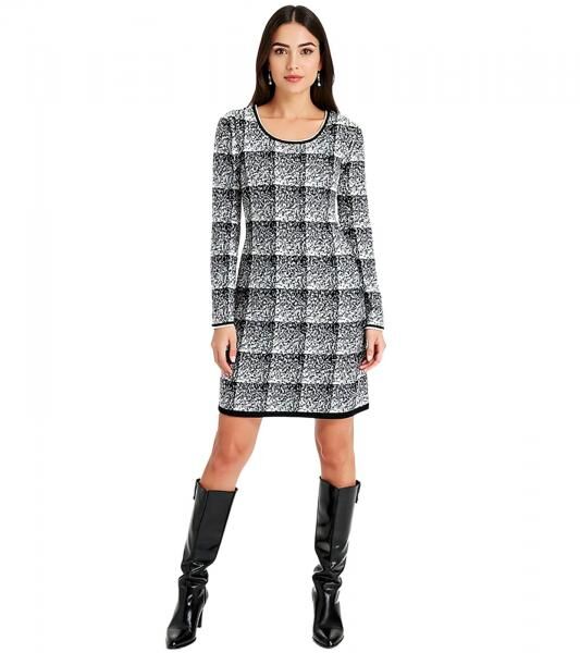 Damen Strick-Kleid im Karomuster Mini-Kleid mit langen &Auml;rmeln 975864 Schwarz/Wei&szlig;