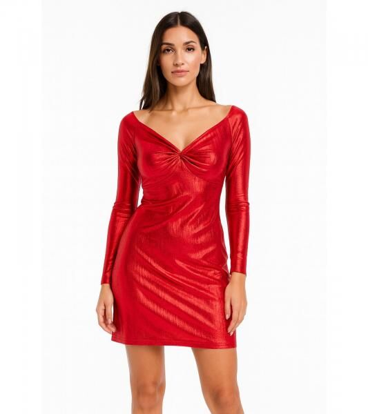 elegantes Damen Jersey-Kleid mit Metallic-Effekt Abend-Kleid mit langen &Auml;rmeln 922945 Rot