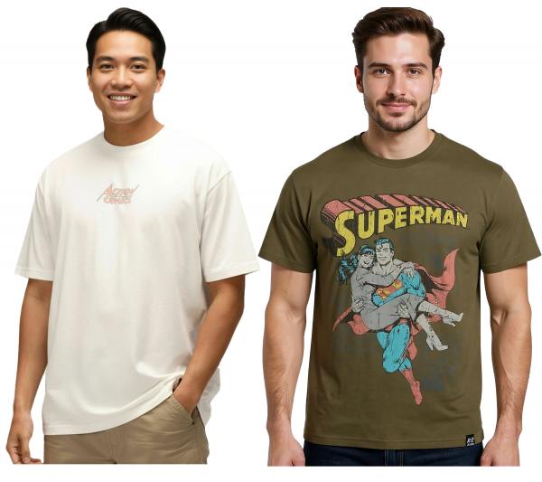RE:COVERED X SUPERMAN DC Herren T-Shirt mit Comic-Print Baumwoll-Shirt Rundhals-Shirt RCWARN55 in Ecru-Wei&szlig; oder Khaki