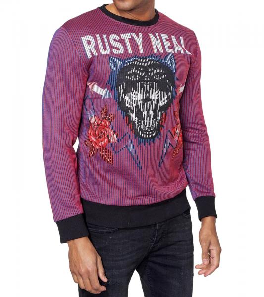 Trendiger Rundhals-Pullover f&uuml;r Herren mit gro&szlig;em Tiger-Print und Streifen-Design Sweater Sweatshirt 19143 Rot