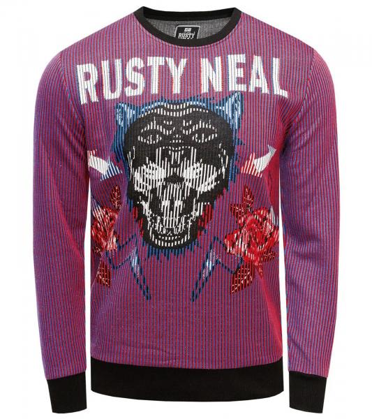 Trendiger Rundhals-Pullover f&uuml;r Herren mit gro&szlig;em Tiger-Print und Streifen-Design Sweater Sweatshirt 19143 Rot