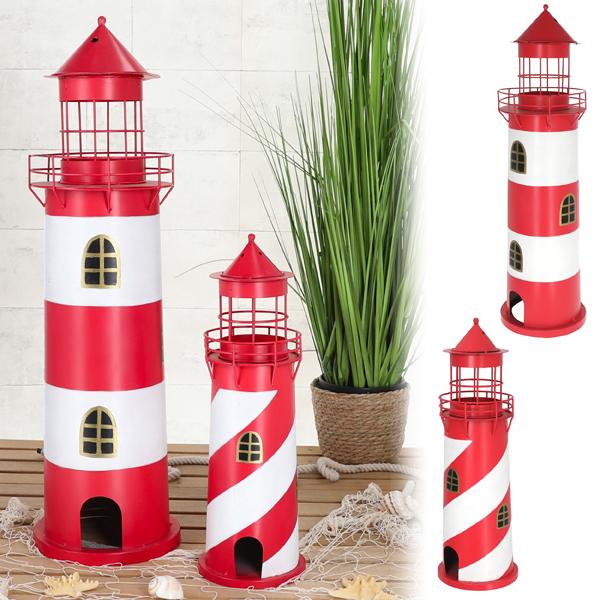 Metall Windlicht Leuchtturm, rot/wei&szlig;, 2er Set, ca.73cmH