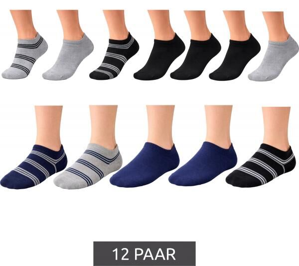 12 Paar Baumwoll-Str&uuml;mpfe mit Komfortbund nachhaltige Sneaker-Socken mit verschiedenen Mustern Schwarz/Grau/Blau
