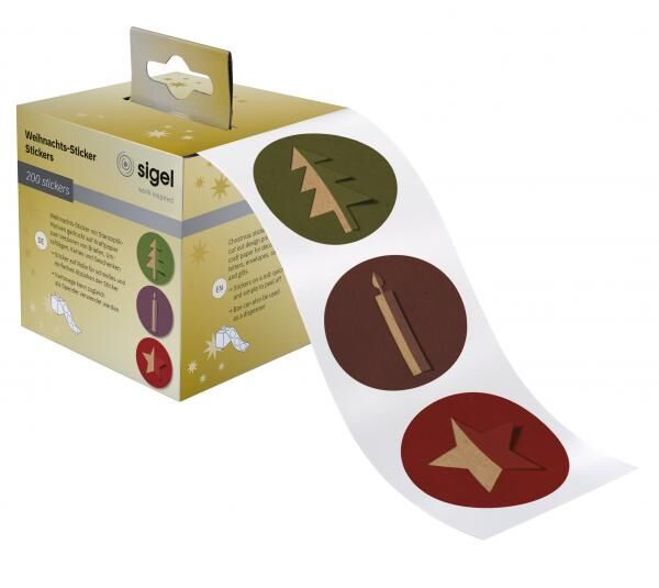 SIGEL Weihnachts-Sticker auf Rolle, Braunpapier, Cut-out Style, Motiv: Stern, Baum, Kerze, 200 Sticker, 47x47 mm